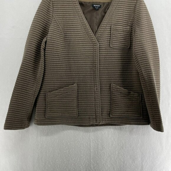 Worth Cardigan Jacket Women Sz 12 Taupe Button-Up Ribbed V-Neck Stretch Pockets - Picture 7 of 13